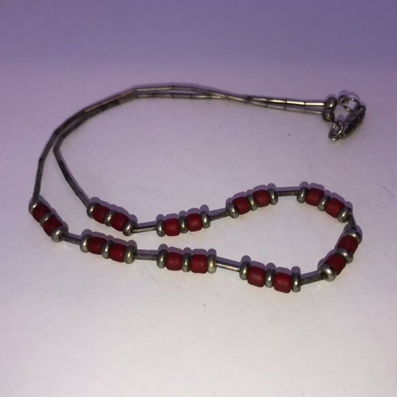 15 1/4" Frosted Orange Red and Silver Beaded Necklace - Picture 8 of 9